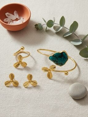 Turkish Artisanal 18K Gold Plated Brass Statement Jewelry Set With Turquoise